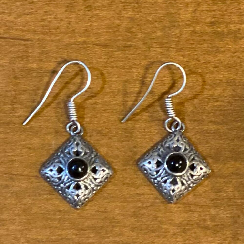 Handmade Tibetan Silver & Onyx Drop Earrings.